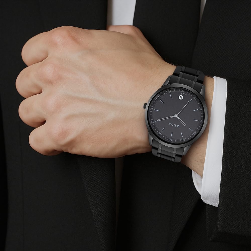 Titan Minimalist Quartz Analog with Date Black Dial Black Metal Strap Watch For Men - NT1806NM01