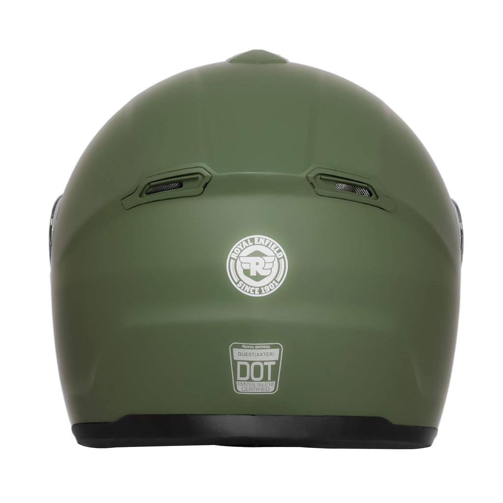 Royal Enfield FF Quest ISI Certified | Thermoplastic Shell | High-Density EPS Liner | 3 Intake Ports; 1 Exhaust Vent | Micrometric Lock | UV Treated Visor | Battle Green