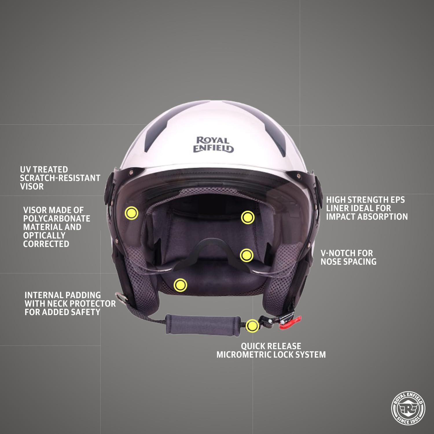 Royal Enfield Airforce 1901 Open Face Helmet | Certification: ISI & DOT | High Impact Grade ABS Shell | High Strength EPS Liner for Added Strength| Sleek Aviator Inspired Design