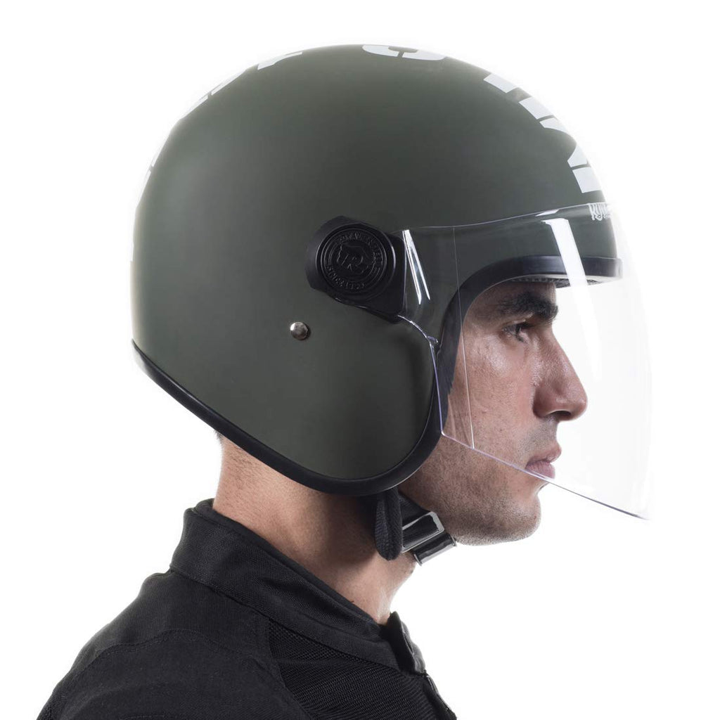 Royal Enfield ISI Certified Open Face Riding MLG Helmet with Clear Visor Matt Battle Green-Impact Protection, Better Scratch Resistance, Anti-Microbial Fabric