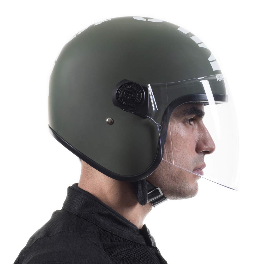 Royal Enfield ISI Certified Open Face Riding MLG Helmet with Clear Visor Matt Battle Green-Impact Protection, Better Scratch Resistance, Anti-Microbial Fabric