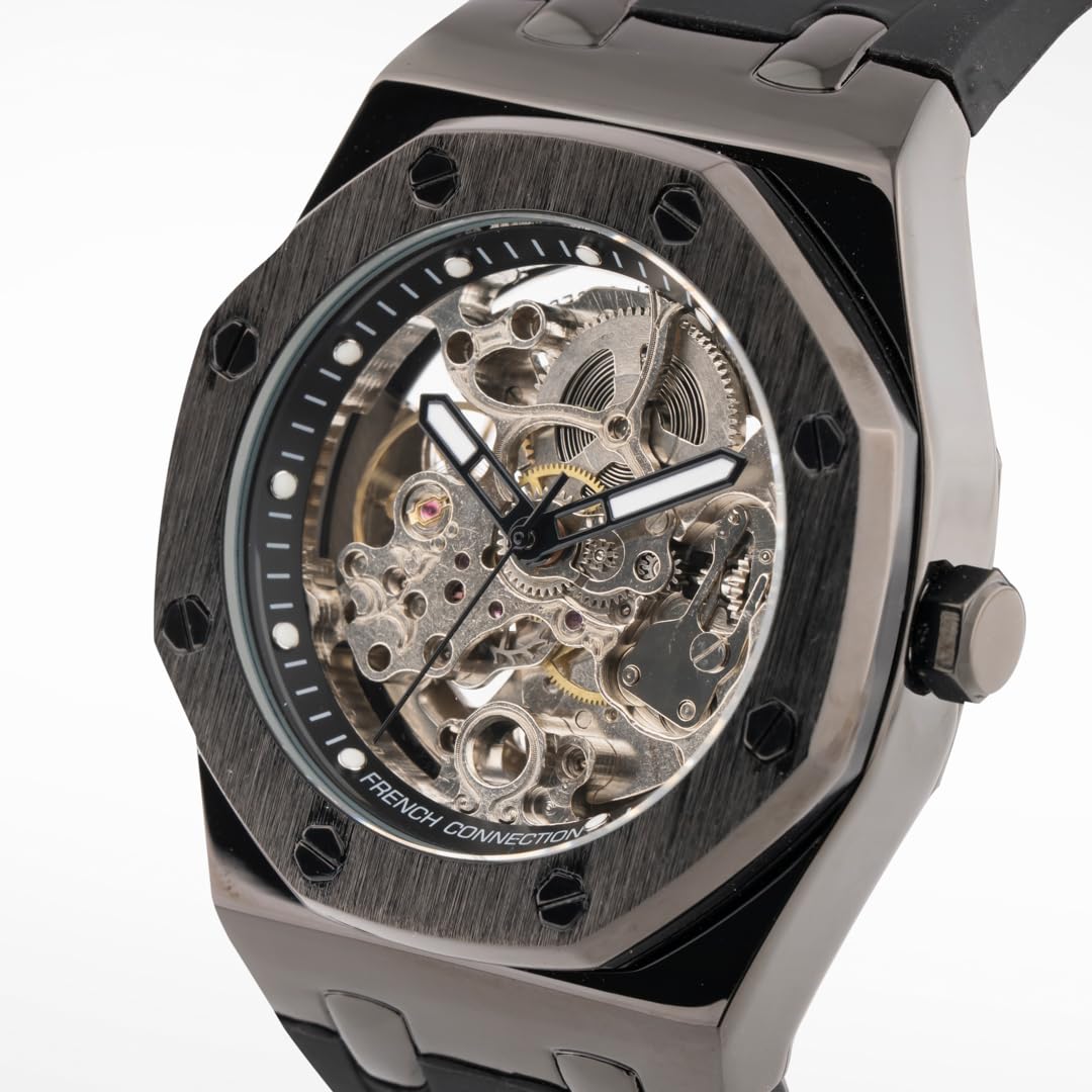 French Connection Stellar Silver Round Dial Mens Skeleton Automatic Watch FCK2BB