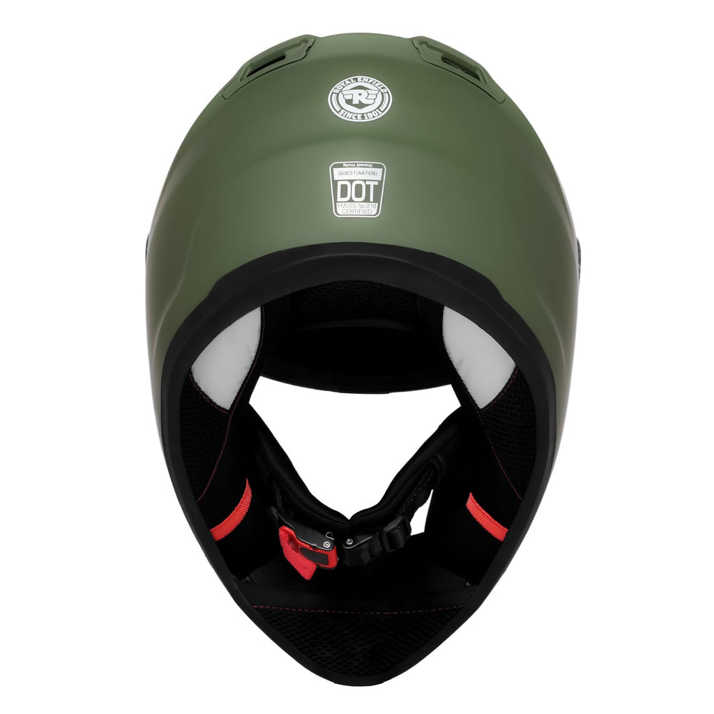 Royal Enfield FF Quest ISI Certified | Thermoplastic Shell | High-Density EPS Liner | 3 Intake Ports; 1 Exhaust Vent | Micrometric Lock | UV Treated Visor | Battle Green