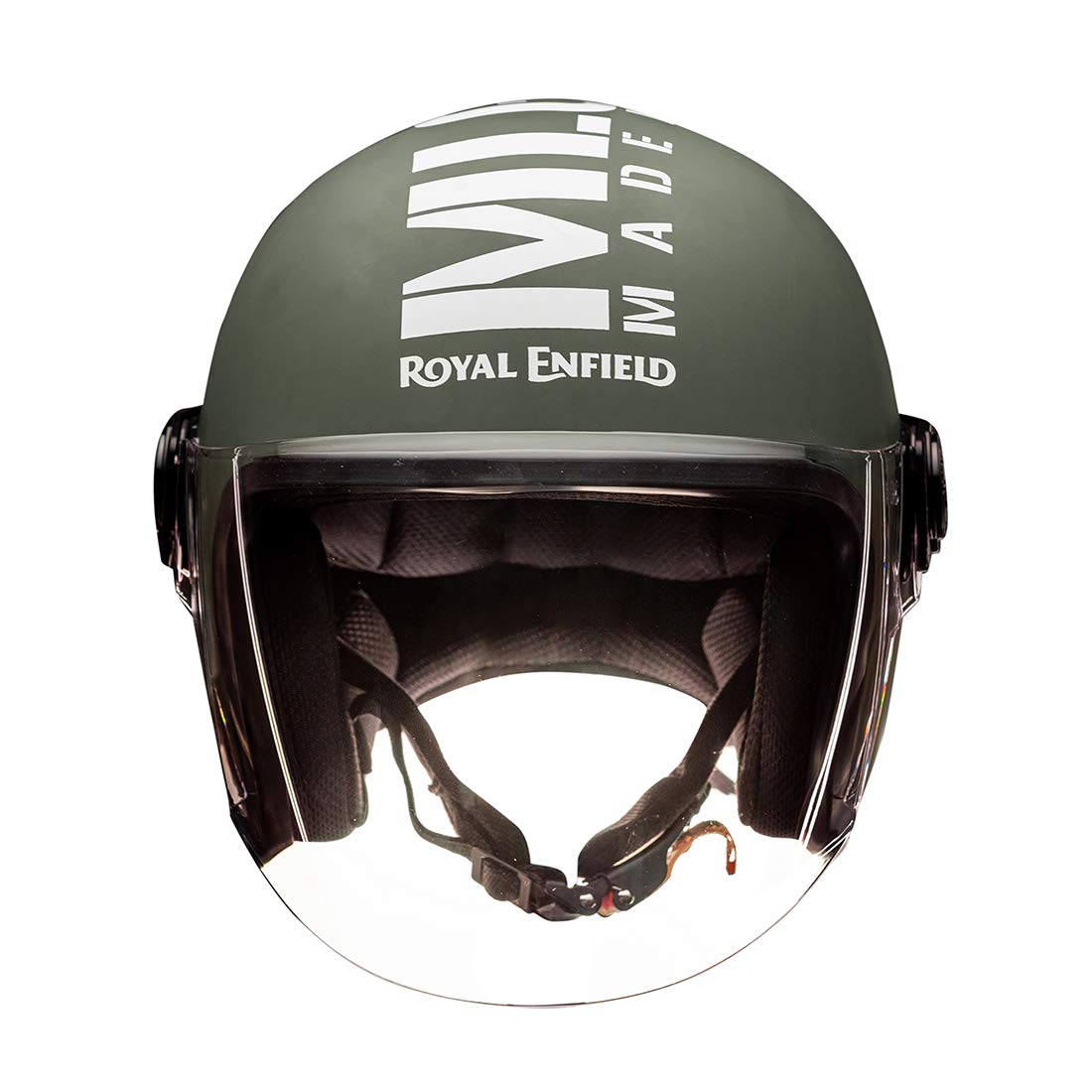 Royal Enfield ISI Certified Open Face Riding MLG Helmet with Clear Visor Matt Battle Green-Impact Protection, Better Scratch Resistance, Anti-Microbial Fabric