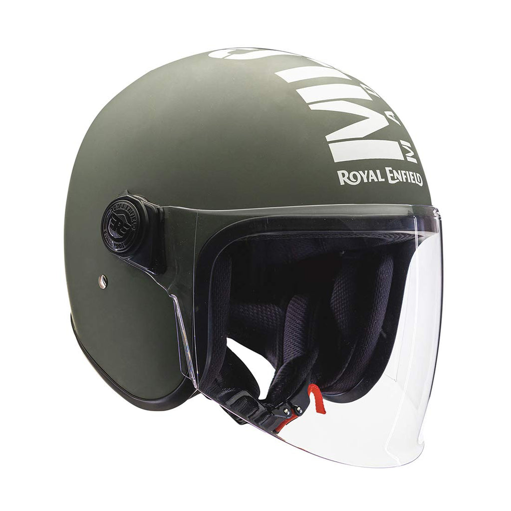 Royal Enfield ISI Certified Open Face Riding MLG Helmet with Clear Visor Matt Battle Green-Impact Protection, Better Scratch Resistance, Anti-Microbial Fabric