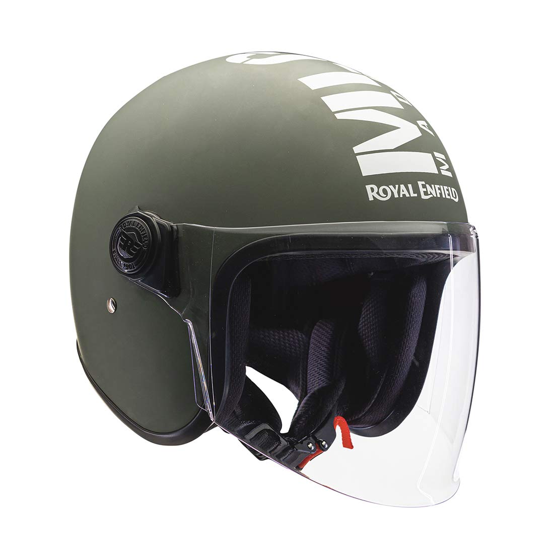 Royal Enfield ISI Certified Open Face Riding MLG Helmet with Clear Visor Matt Battle Green-Impact Protection, Better Scratch Resistance, Anti-Microbial Fabric