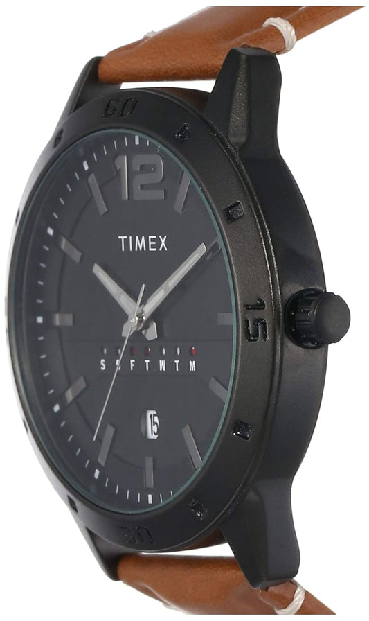 TIMEX Analog Watch for Man with Black Round Dial & Tan Leather Strap Band Water Resistant Men's Wrist Watches - TW000U934