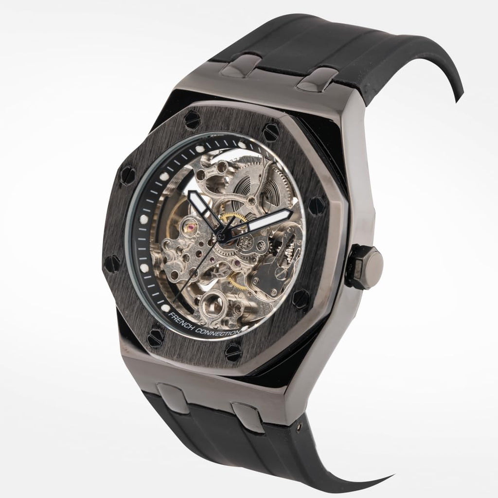French Connection Stellar Silver Round Dial Mens Skeleton Automatic Watch FCK2BB