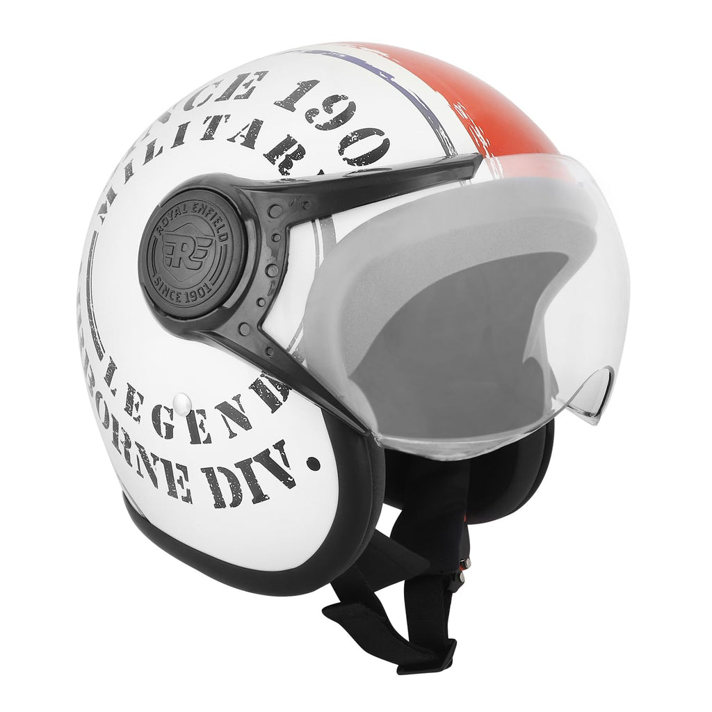 Royal Enfield Airborne Div. Open Face Riding Helmet | ISI and DOT Certified | with Advance Durability- High Impact Grade Thermoplastic and Impact Protection with EPS Liner Off White