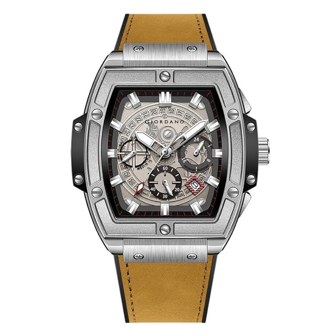 Giordano Designer Multifunction Watch for Men with Square Dial and Leather Band – Elegant Casual & Formal Style