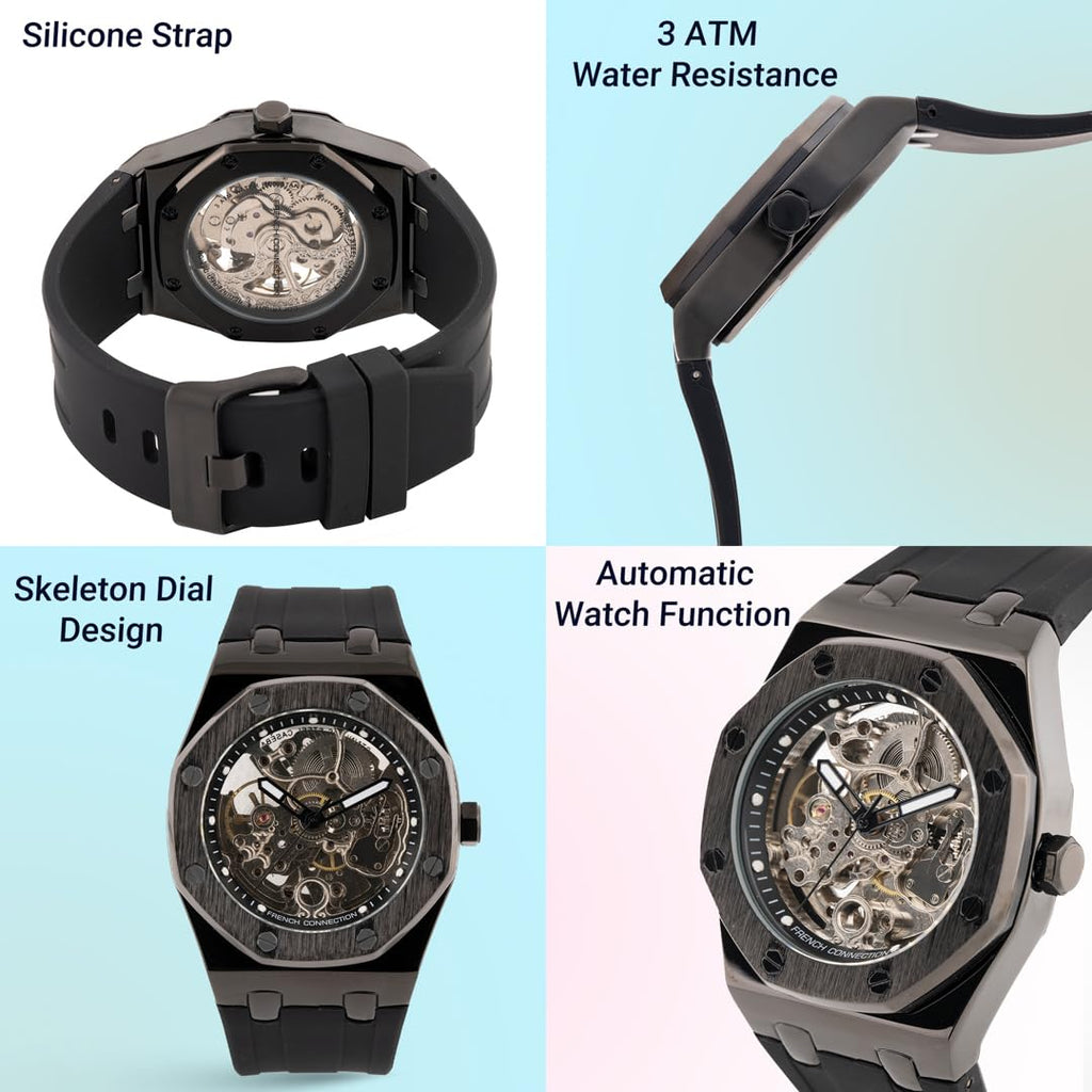 French Connection Stellar Silver Round Dial Mens Skeleton Automatic Watch FCK2BB