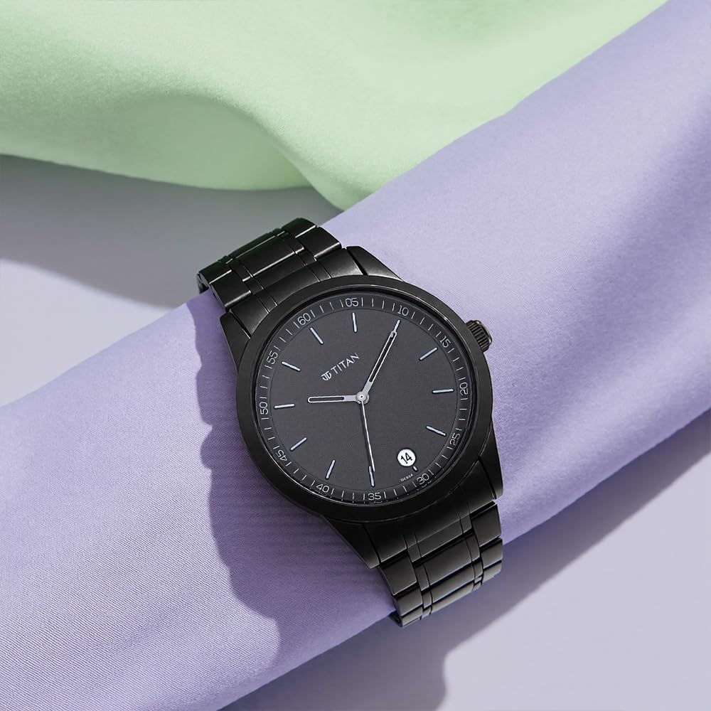 Titan Minimalist Quartz Analog with Date Black Dial Black Metal Strap Watch For Men - NT1806NM01