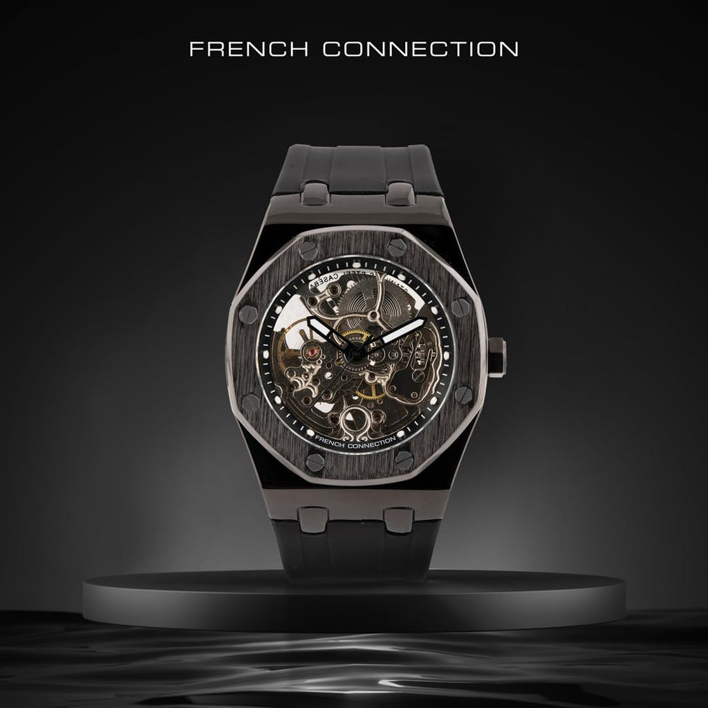 French Connection Stellar Silver Round Dial Mens Skeleton Automatic Watch FCK2BB