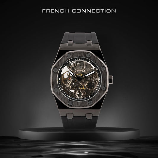 French Connection Stellar Silver Round Dial Mens Skeleton Automatic Watch FCK2BB