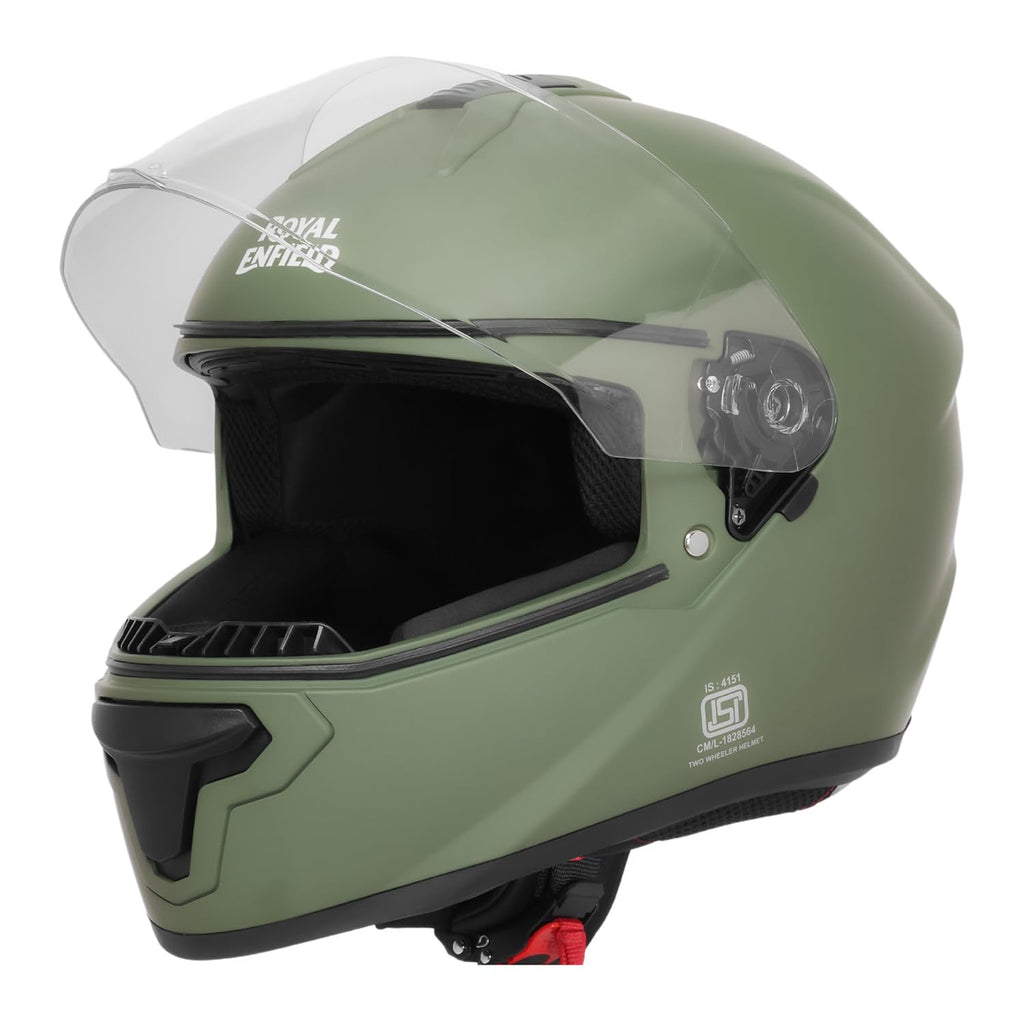 Royal Enfield FF Quest ISI Certified | Thermoplastic Shell | High-Density EPS Liner | 3 Intake Ports; 1 Exhaust Vent | Micrometric Lock | UV Treated Visor | Battle Green