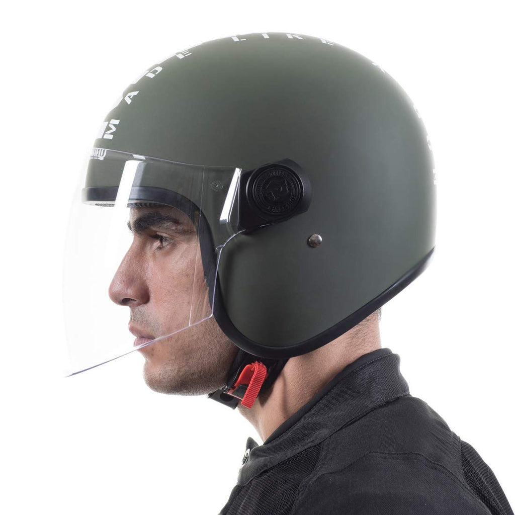 Royal Enfield ISI Certified Open Face Riding MLG Helmet with Clear Visor Matt Battle Green-Impact Protection, Better Scratch Resistance, Anti-Microbial Fabric