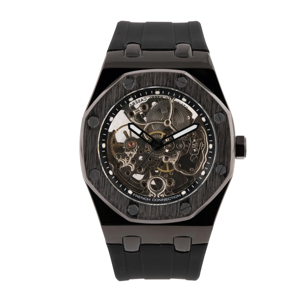 French Connection Stellar Silver Round Dial Mens Skeleton Automatic Watch FCK2BB