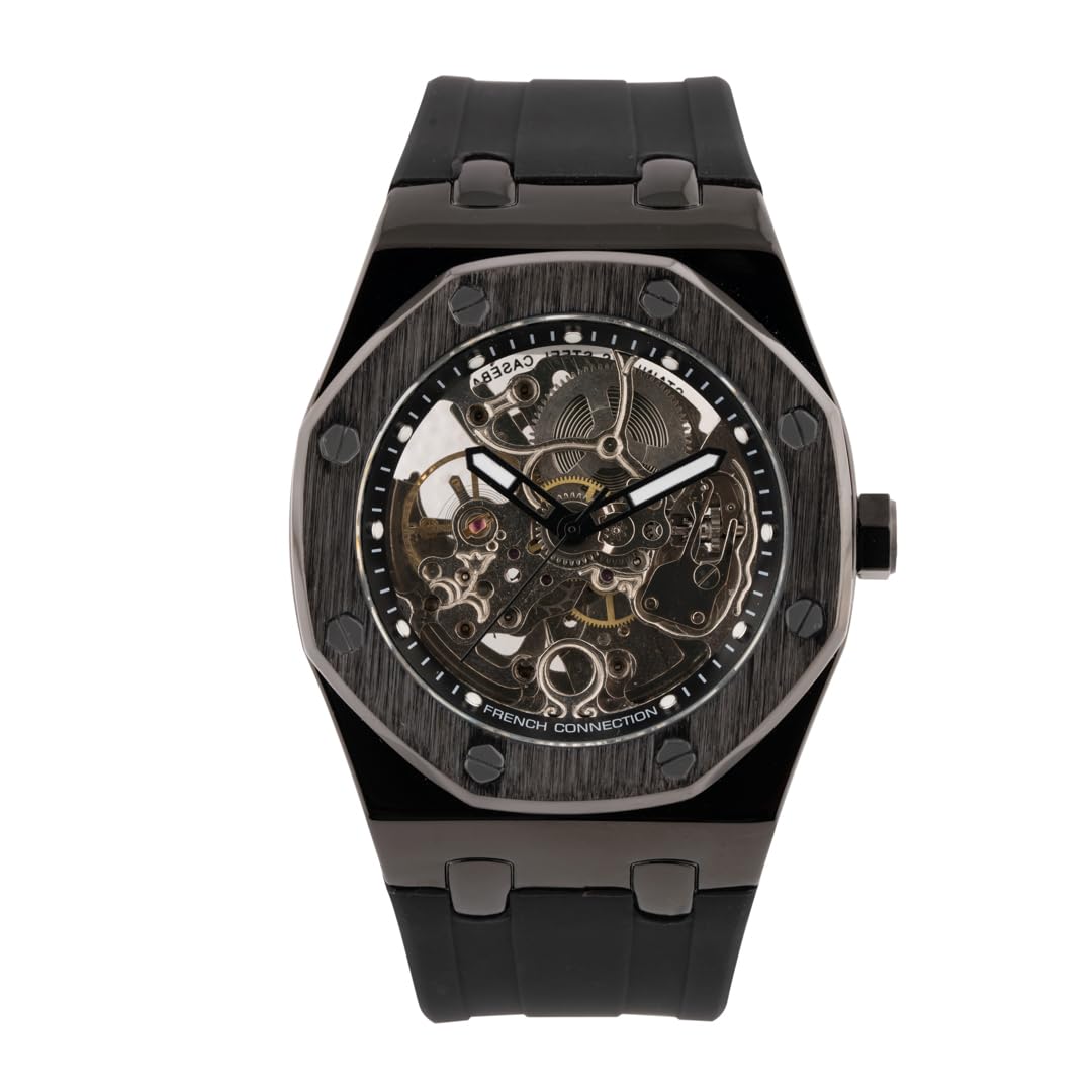 French Connection Stellar Silver Round Dial Mens Skeleton Automatic Watch FCK2BB