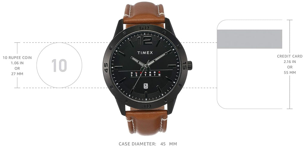 TIMEX Analog Watch for Man with Black Round Dial & Tan Leather Strap Band Water Resistant Men's Wrist Watches - TW000U934