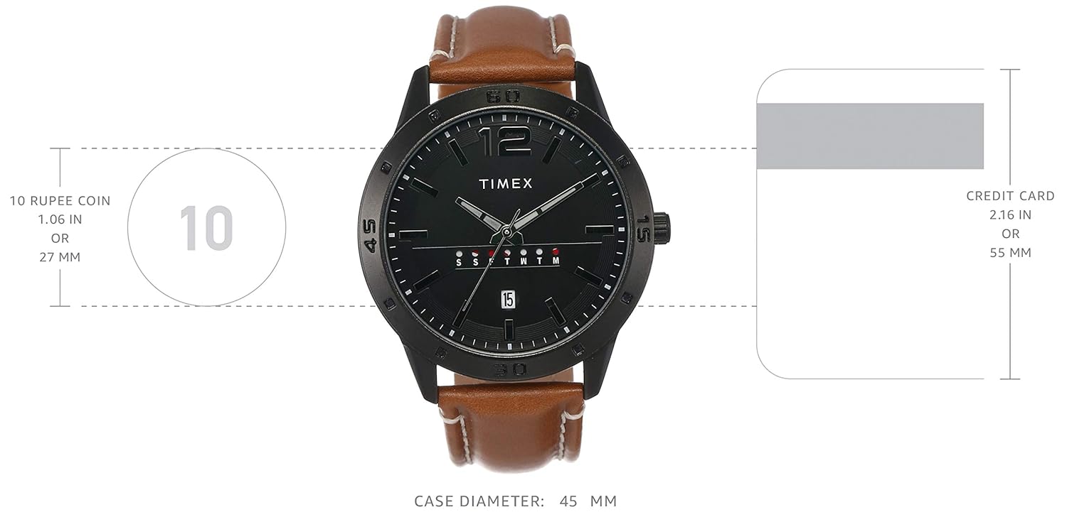 TIMEX Analog Watch for Man with Black Round Dial & Tan Leather Strap Band Water Resistant Men's Wrist Watches - TW000U934