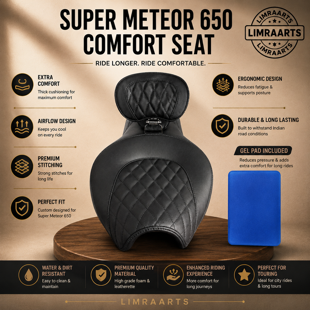 For Royal Enfield Super Meteor 650 Custom Black Diamond Seat with Backrest & Gel