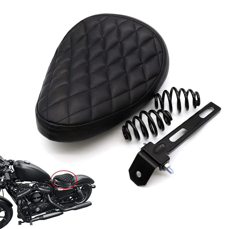 Motorcycle Retro Black Leather Old School Solo Seat+3" Spring Swivel Bracket for Harley Custom Chopper Bobber Saddle Seat