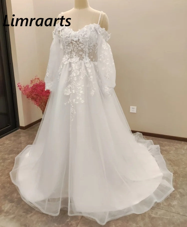Customized Off Shoulder Lace Glitter Wedding Dresses 2026 Long Puff Sleeve 3D Flowers Boho Bride Gown