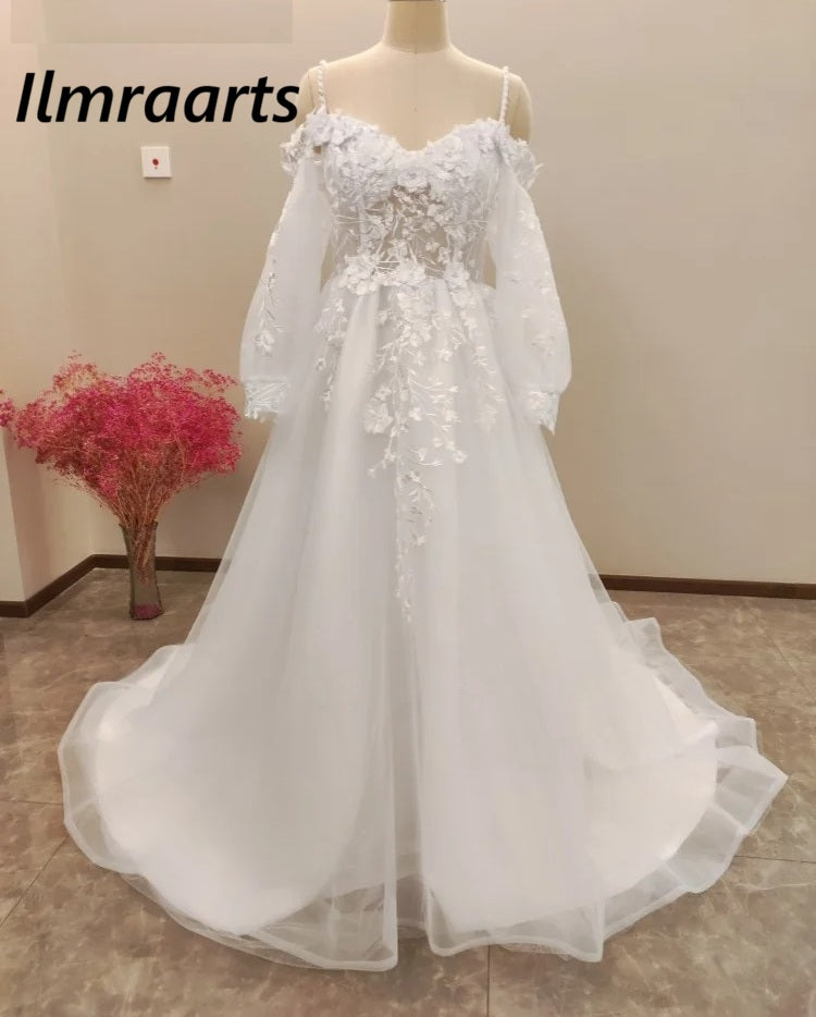 Customized Off Shoulder Lace Glitter Wedding Dresses 2026 Long Puff Sleeve 3D Flowers Boho Bride Gown