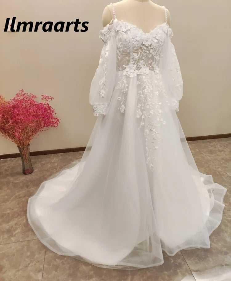 Customized Off Shoulder Lace Glitter Wedding Dresses 2026 Long Puff Sleeve 3D Flowers Boho Bride Gown