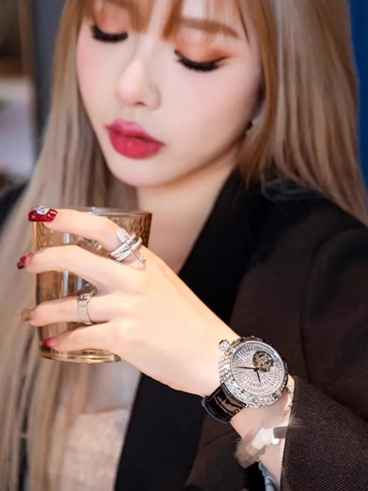 Ladies Fashion Mechanical Watch Designer New Elegant Luxury Diamonds Genuine Leather Strap Needle Buckle Women Fine Wristwatch