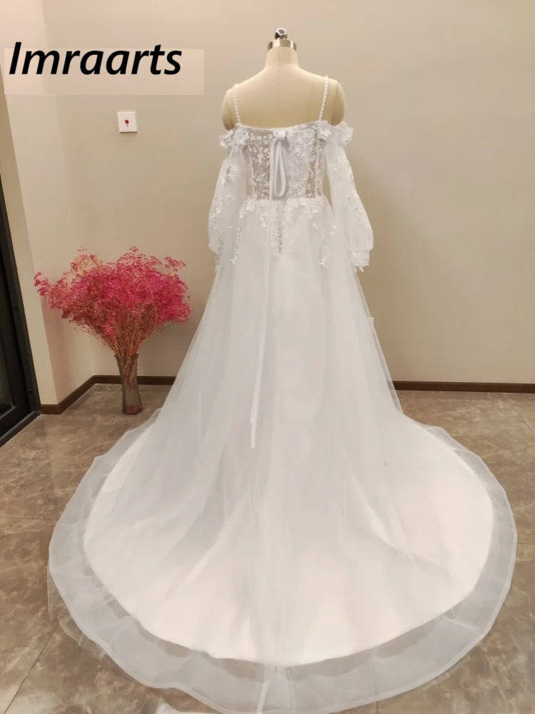 Customized Off Shoulder Lace Glitter Wedding Dresses 2026 Long Puff Sleeve 3D Flowers Boho Bride Gown