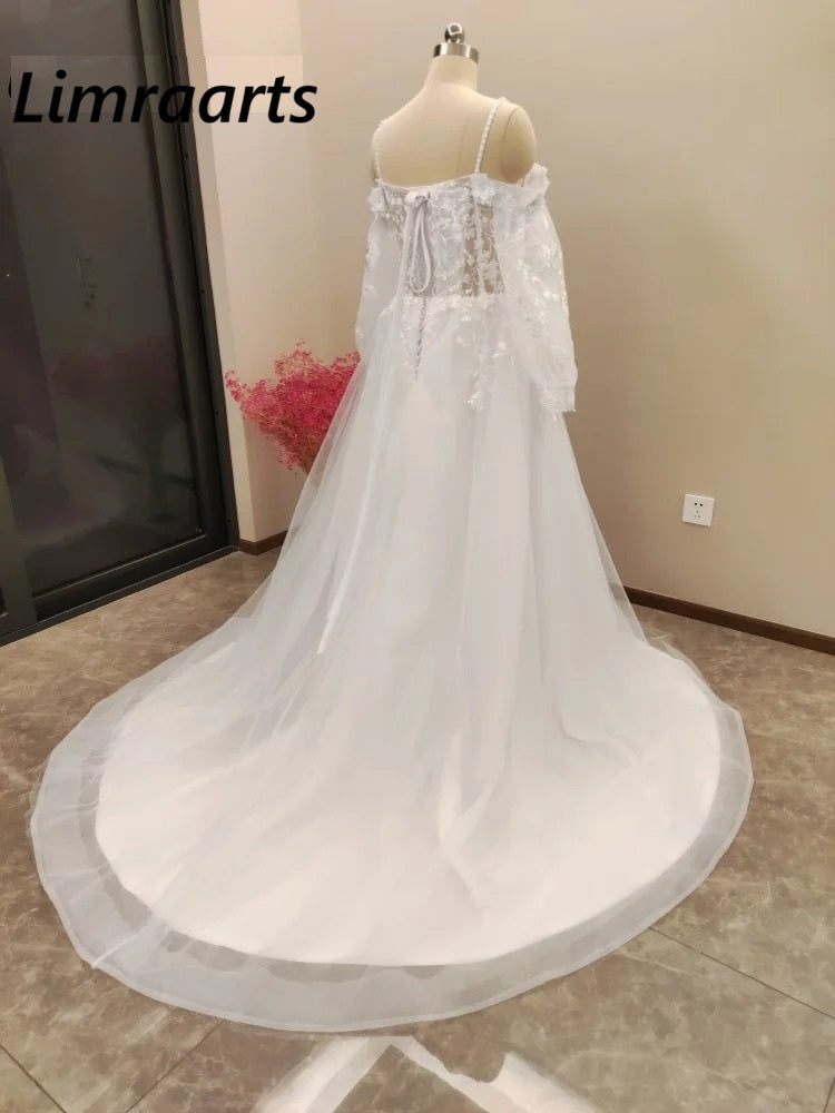 Customized Off Shoulder Lace Glitter Wedding Dresses 2026 Long Puff Sleeve 3D Flowers Boho Bride Gown